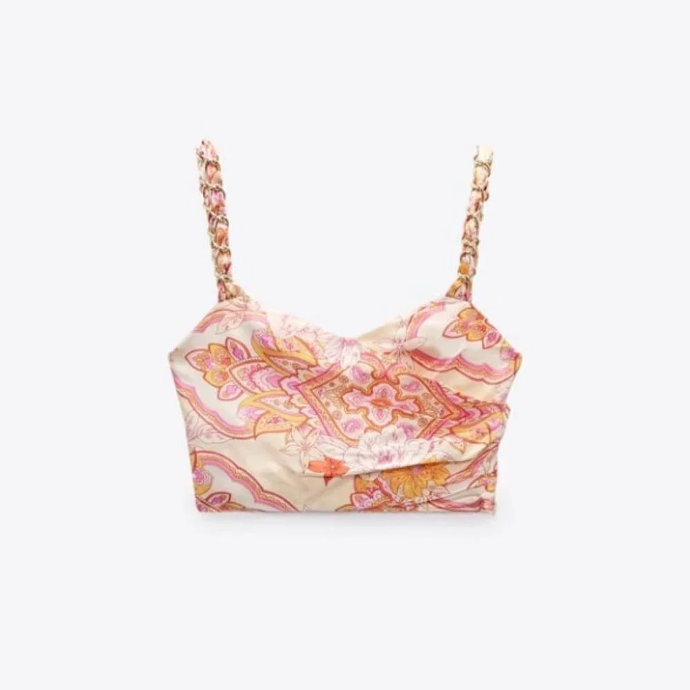 NWOT Zara pink champagne floral printed crop top with chain detail, S - Picture 3 of 10